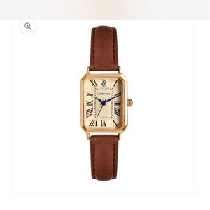 Lucky Fox Rectangular Gold-Tone Watch with Brown Leather Strap